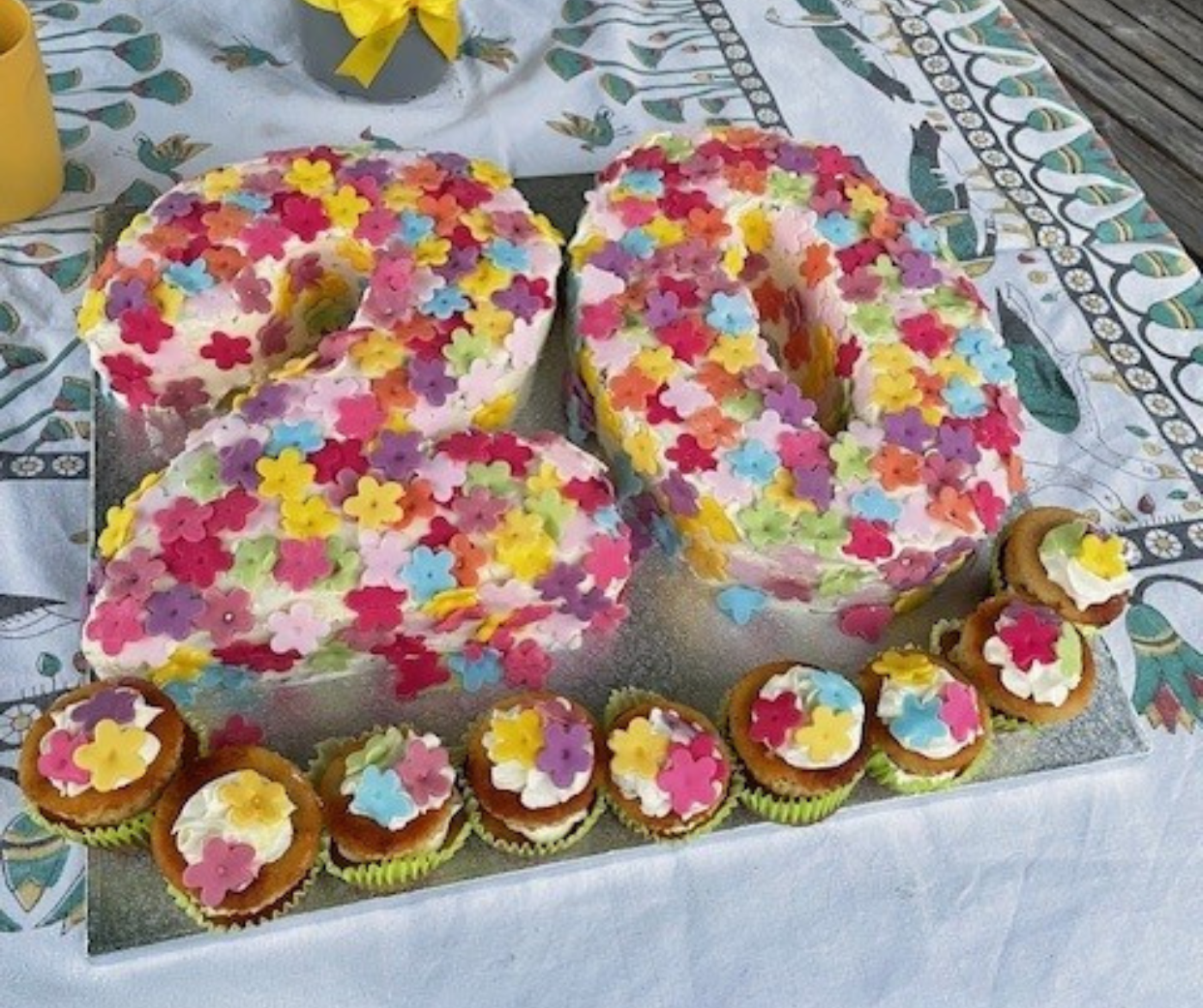 a cake in the shape of 20 with colourful icing and lowers